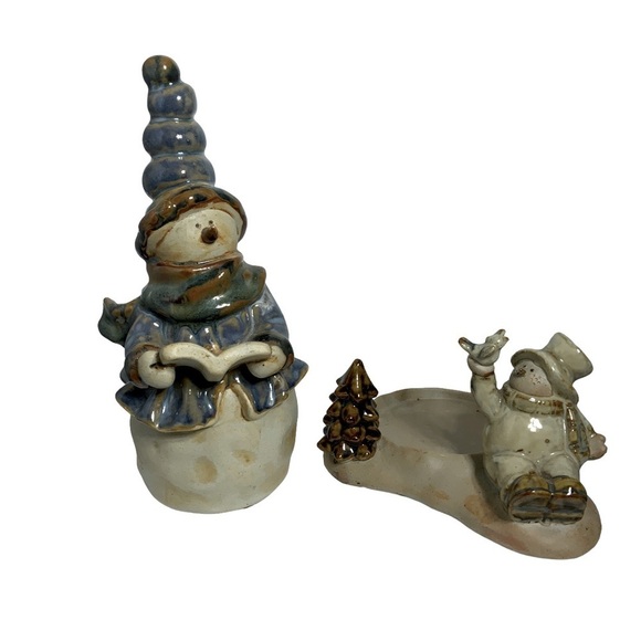 Holiday Candle Holder Set with Snowman Figurine Glazed Ceramic Christmas 2 Piece - Picture 5 of 13